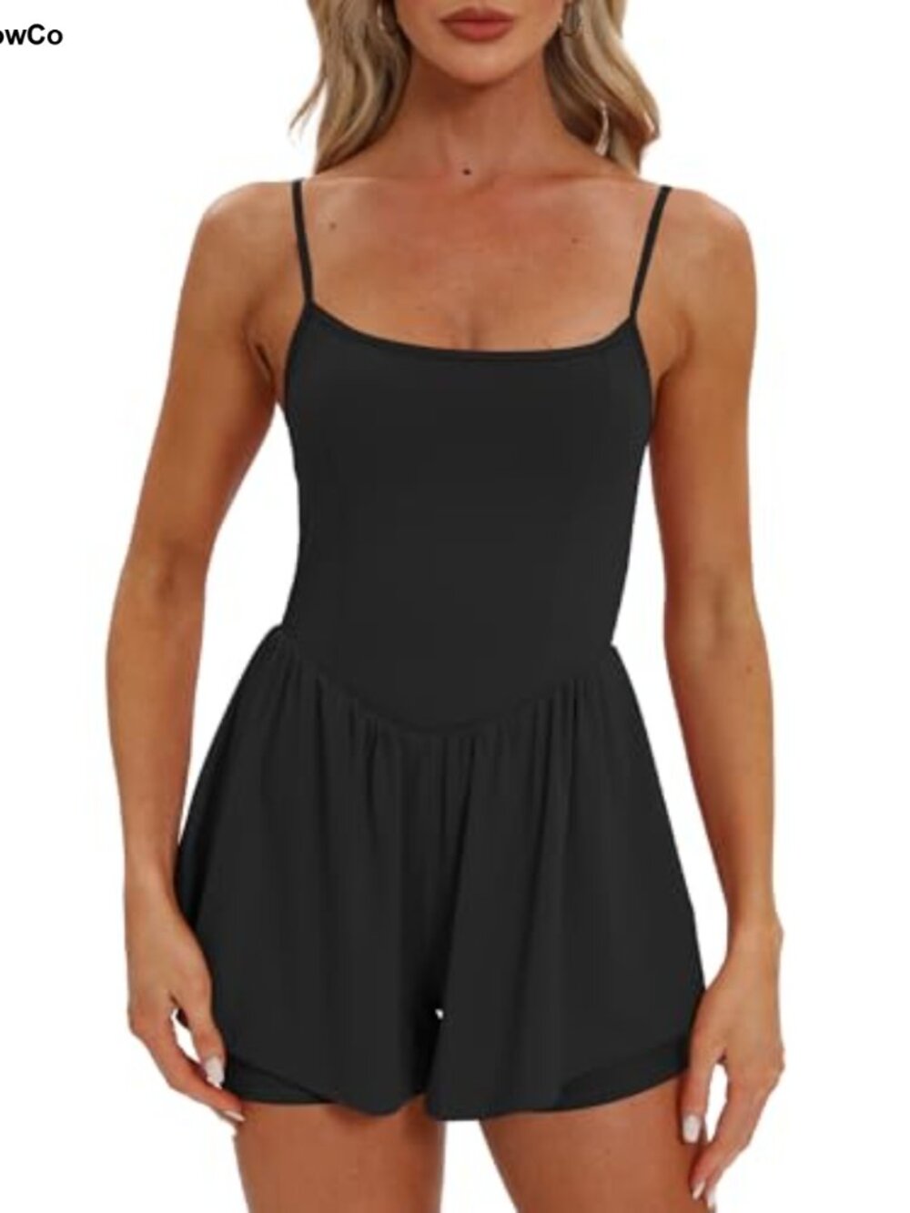 Women's Sleeveless Romper with Adjustable Spaghetti Straps and Built-in Shorts